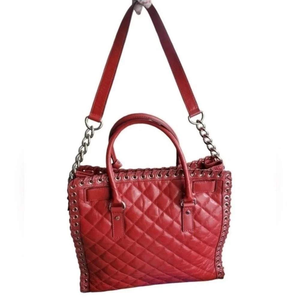 Michael Kors Hamilton Quilted Satchel Shoulder Crossbody Bag Red Leather